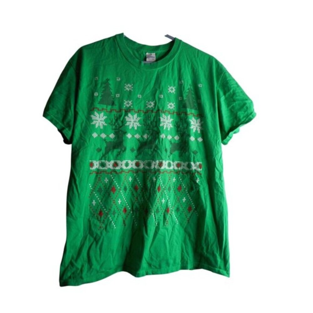 Gildan Graphic T Shirt Sz L Cotton Green Holiday sweater style deer snow trees